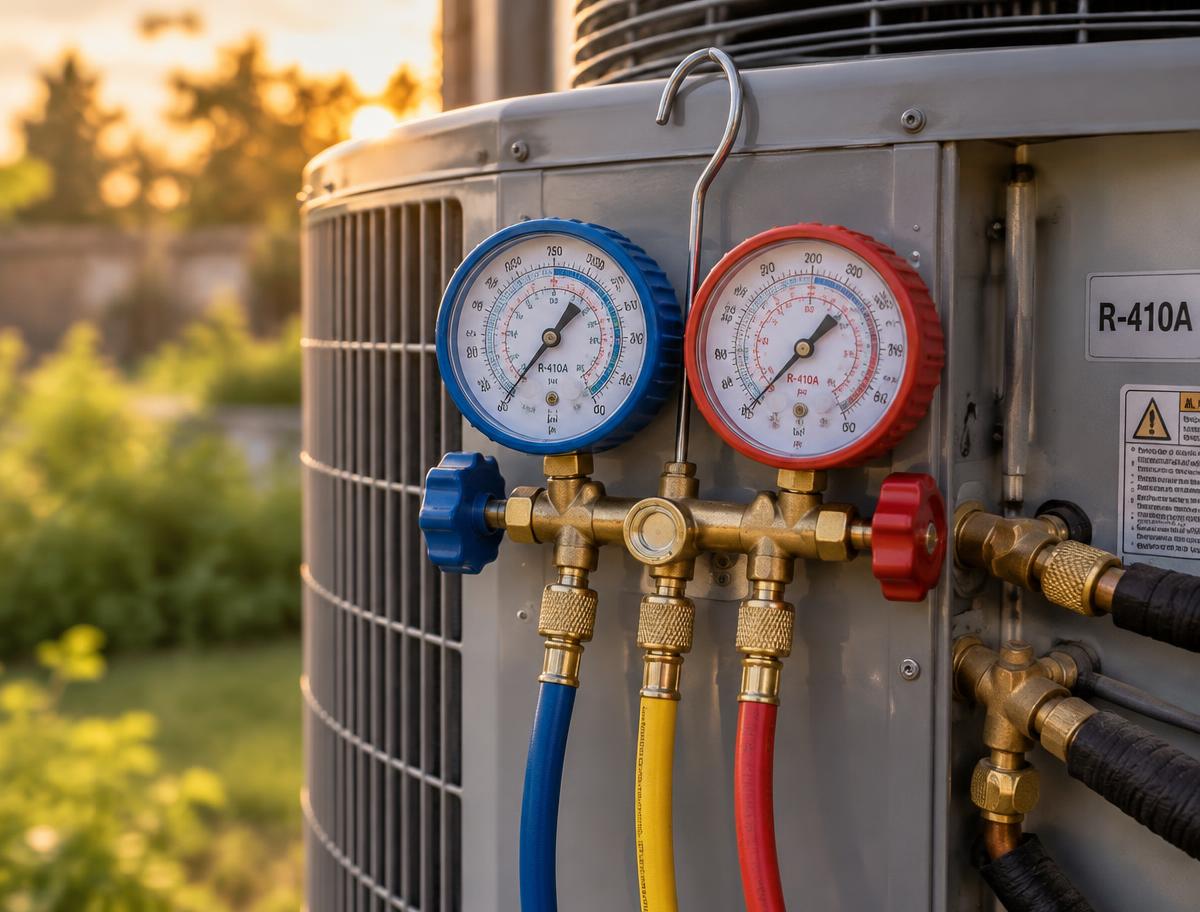 Manómetros de recarga de gas conectados a una unidad exterior